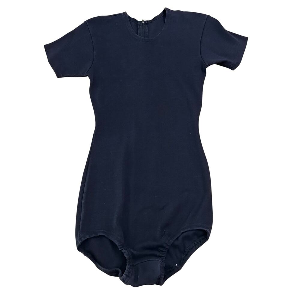Vintage 60s 70s Black Leotard Bodysuit Short Sleeve Back Zip Dance XS -